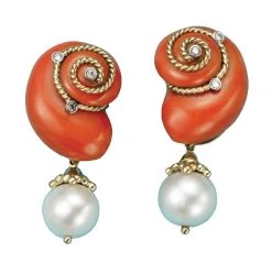 Scully & Scully 18k Gold Salmon Coral, Pearl, And Diamond Earrings