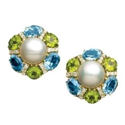 Scully & Scully 18k Gold Blue Topaz & Peridot Mabe Pearl Earrings