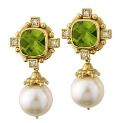 Scully & Scully 18k Gold Peridot Cross & Pearl Drop Earrings