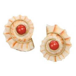 Scully & Scully 18k Gold Cone Shell & Red Coral Earrings
