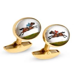 Scully & Scully 18k Yellow Gold Crystal Race Horse & Jockey Cufflinks