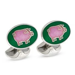 Scully & Scully Sterling Silver Pink Pig On Emerald Oval Cufflinks