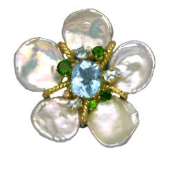 Scully & Scully 18k Gold Keshi Pearl & Blue Topaz Pin