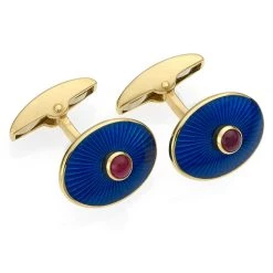 Scully & Scully 18k Gold Oval Cufflinks With Navy Enamel And Ruby