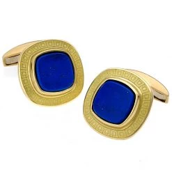 Scully & Scully 18k Gold Cushion Cufflinks With Yellow Enamel And Flat Lapis Center