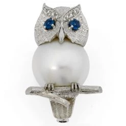 Scully & Scully 18k White Gold & Pearl Owl Pin