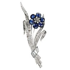 Scully & Scully 18k White Gold Diamond Sapphire Flower Pin