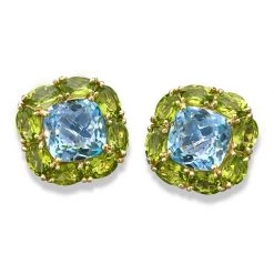 Scully & Scully 18k Gold Peridot & Blue Topaz Cushion Earrings