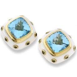 Scully & Scully 18k Square White Agate Blue Topaz Earrings