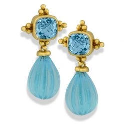 Scully & Scully 18k Gold Fluted Blue Topaz Drop Earrings
