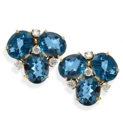 Scully & Scully 18k Gold 3 Stone London Blue Topaz Earrings