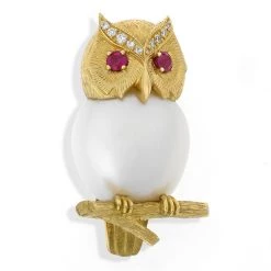 Scully & Scully 18k Yellow Gold Pearl Owl On Branch Pin