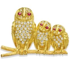 Scully & Scully 18k Gold Horizontal Triple Owl Pin