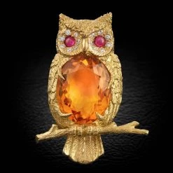 Scully & Scully 18k Yellow Gold Citrine Owl Pin