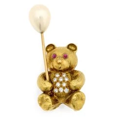 Scully & Scully 18k Gold Teddy Bear With Pearl Balloon & Diamonds Pin
