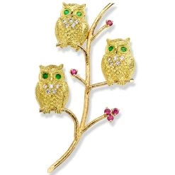 Scully & Scully 18k Gold Vertical Triple Owl Pin