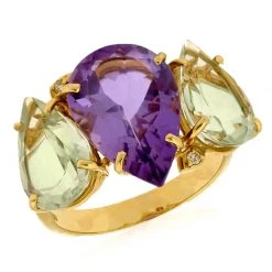 Scully & Scully 18k Yellow Gold 3 Stone Amethyst & Prasiolite Ring