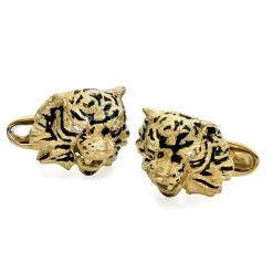 Scully & Scully 18K Yellow Gold Tiger Face With Diamond Eyes Cufflinks