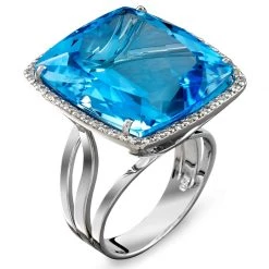 Scully & Scully 18k White Gold Blue Topaz & Diamond Border Ring