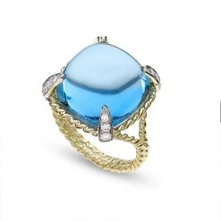 Scully & Scully 18K Yellow Gold Swiss Blue Topaz Cab & Diamond Twist Rope Ring