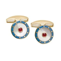 Scully & Scully 18k Gold Mother Of Pearl, Ruby & Blue Enamel Cufflinks
