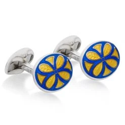 Scully & Scully Sterling Silver Yellow & Royal Blue Enamel Leaf Cufflinks