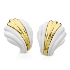Scully & Scully 18k Gold & White Agate Art Deco Fluted Earrings