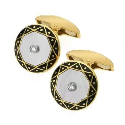 Scully & Scully 18k Gold Cufflinks With Black Enamel, Mother Of Pearl, & Diamonds