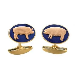 Scully & Scully 18k Rose Gold Blue Enamel Pig Cufflinks