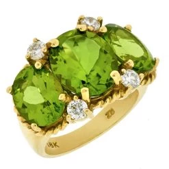 Scully & Scully 18k Gold Three Stone Peridot & Diamond Ring