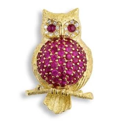 Scully & Scully 18k Gold Plump Owl With Rubies Pin