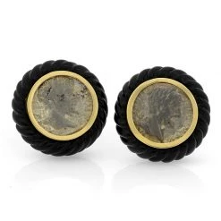 Scully & Scully 18k Gold Silver Severus Coin Onyx Border Earrings