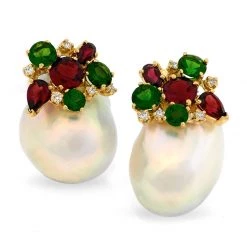Scully & Scully 18K Gold Garnet Cluster Baroque Pearl Earrings