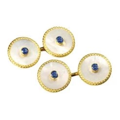 Scully & Scully 18k Gold Mother Of Pearl & Sapphire Round Cufflinks